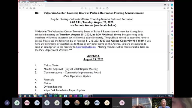 Valpo Parks August  Board Meeting (Virtual)